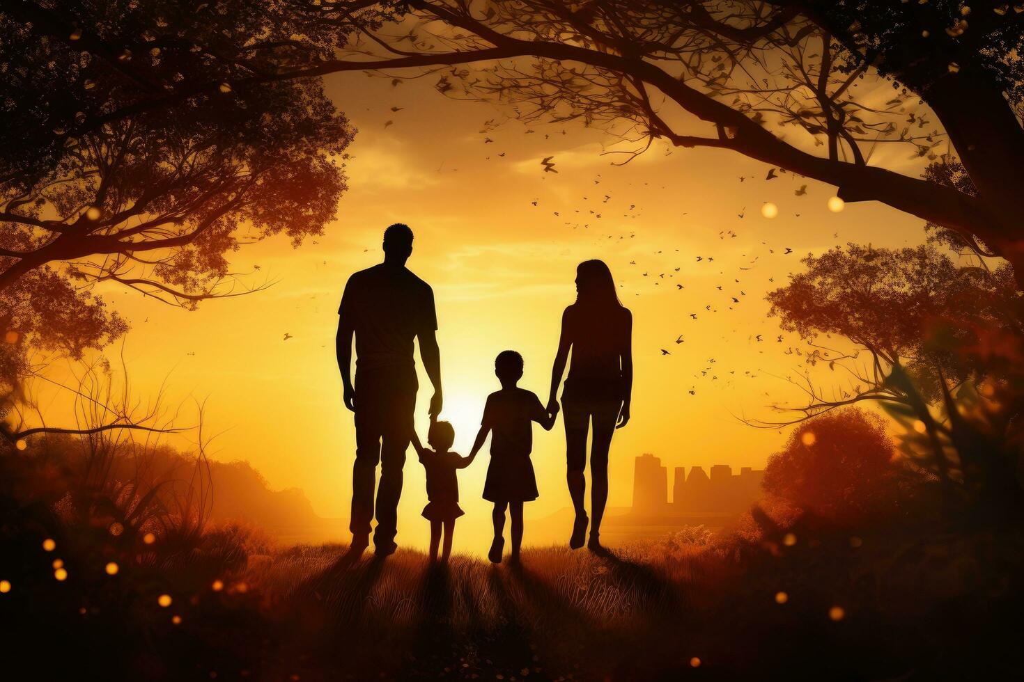 silhouet van gelukkig familie Holding handen en wandelen in de veld- Bij zonsondergang, silhouet van jong paar wandelaar waren staand Bij de top van de berg op zoek Bij de sterren en, ai gegenereerd foto