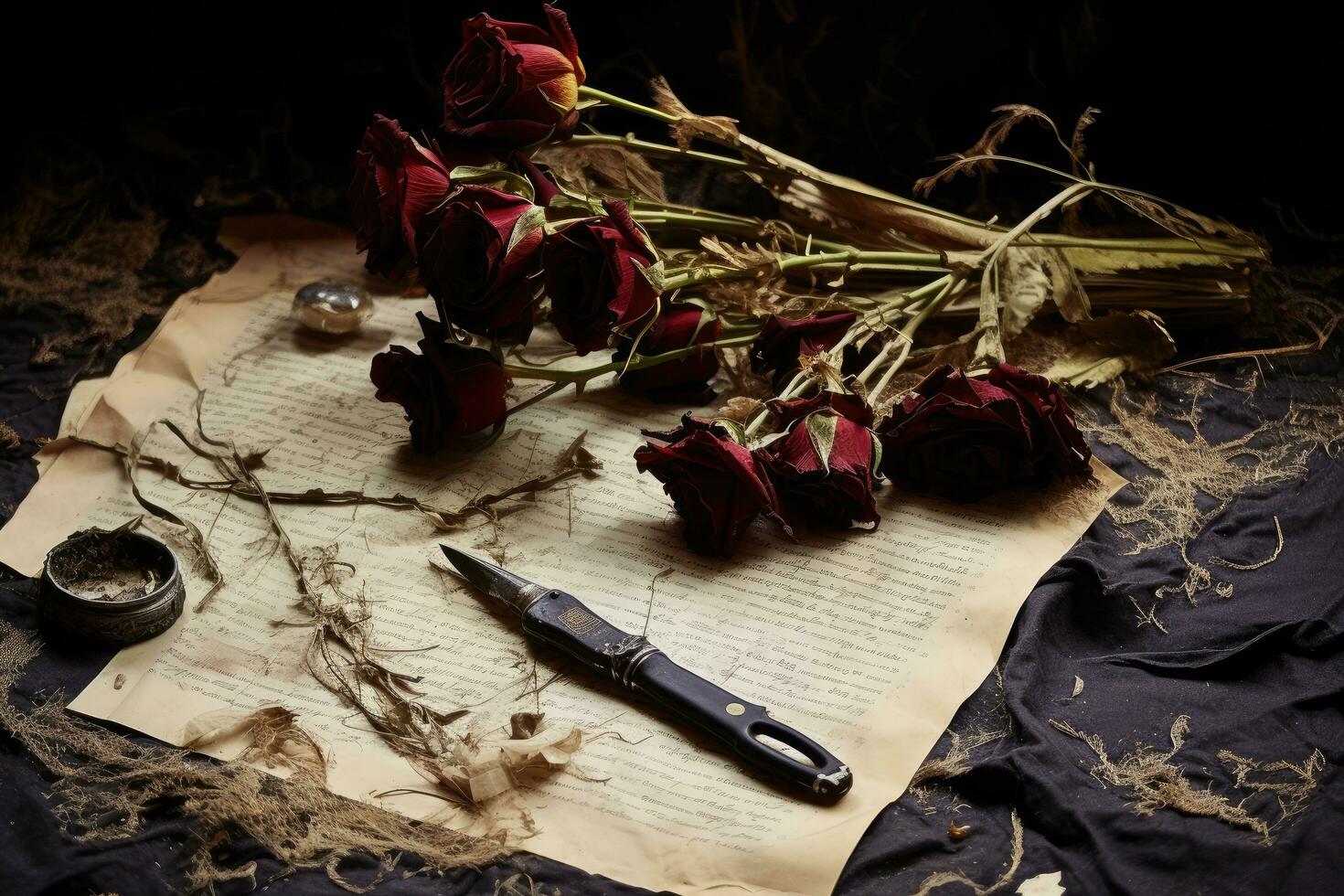 oud papier, pen, inktpot en droog rozen Aan donker achtergrond, verdriet overblijfselen creëren een beeld dat portretteert de nasleep van oorlog, met een gebroken bloem vaas met bloed, ai gegenereerd foto