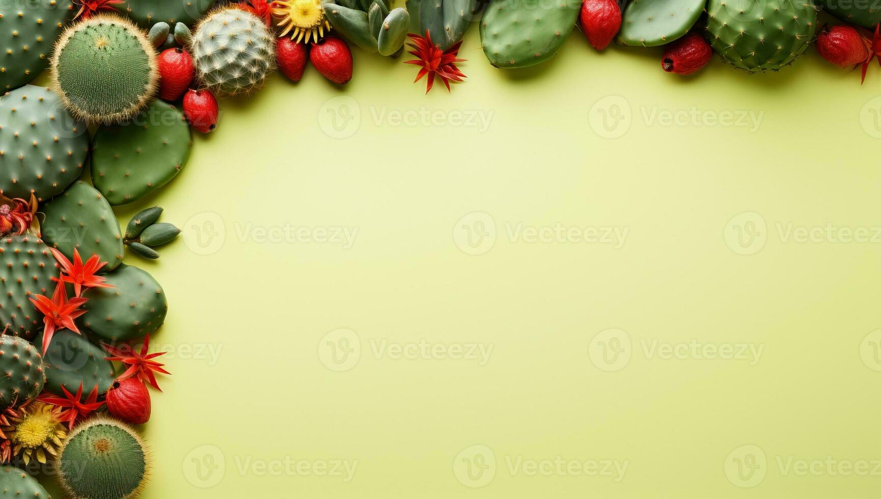 kader van cactussen en bessen Aan groen achtergrond, top visie ai gegenereerd foto