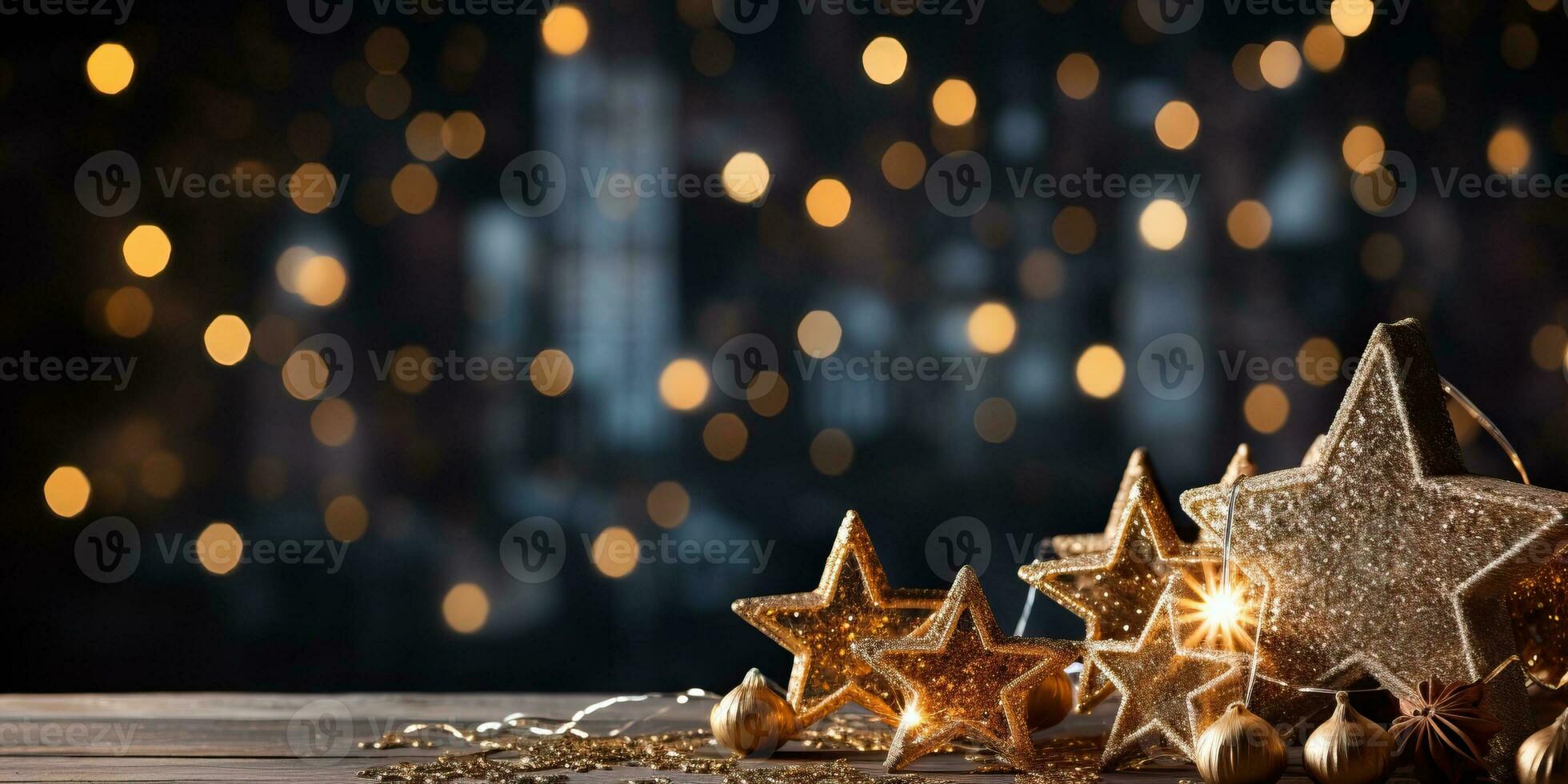 Kerstmis decoratie Aan houten tafel. feestelijk achtergrond met bokeh lichten. ai gegenereerd. foto