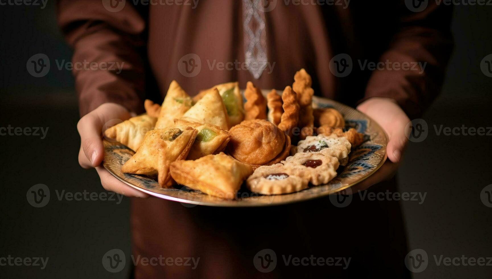 een Mens Holding een bord van koekjes in haar handen. ai gegenereerd. foto