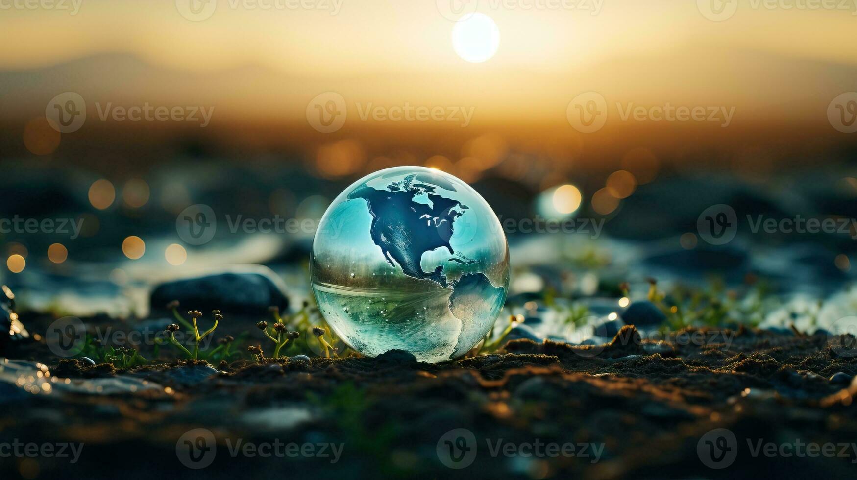 glas wereldbol met de beeld van de planeet aarde tegen de achtergrond van de instelling zon. ai gegenereerd. foto