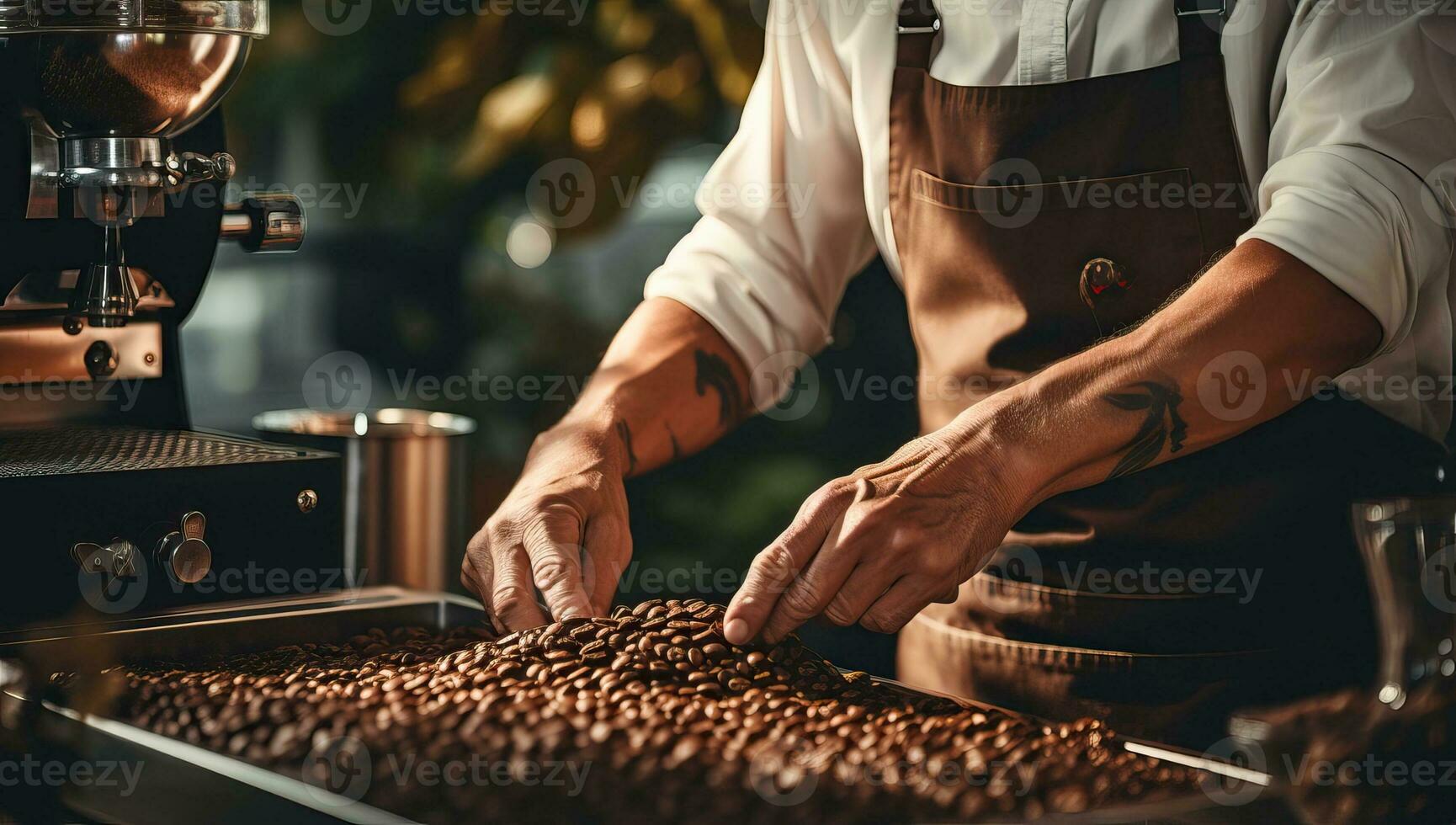 detailopname van barista werken met koffie bonen in koffie winkel. ai gegenereerd. foto