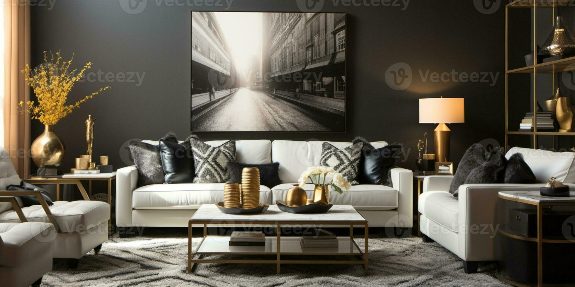 luxueus gemeubileerd leven kamer, ruim knus bank, zwart en wit monochroom palet, elegant interieur ontwerp, ai generatief foto