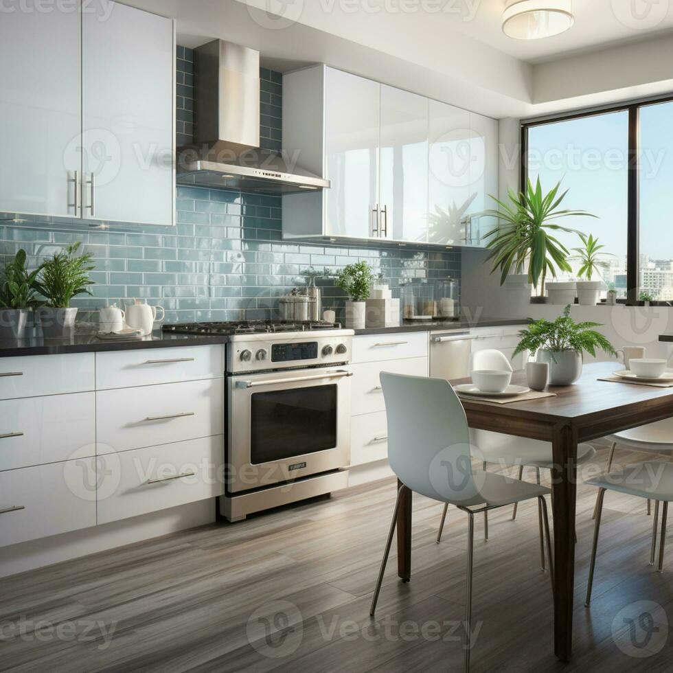 strak gemeubileerd keuken, elegant mooi Koken Oppervlakte, interieur ontwerp, ai generatief foto