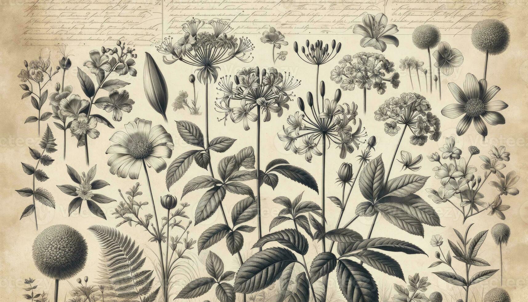 een illustratie van een botanisch tekening met gedetailleerd afbeeldingen van divers bloemen en planten. de ingewikkeld band werk en annotaties geven het een wetenschappelijk en antiek sfeer. ai gegenereerd foto