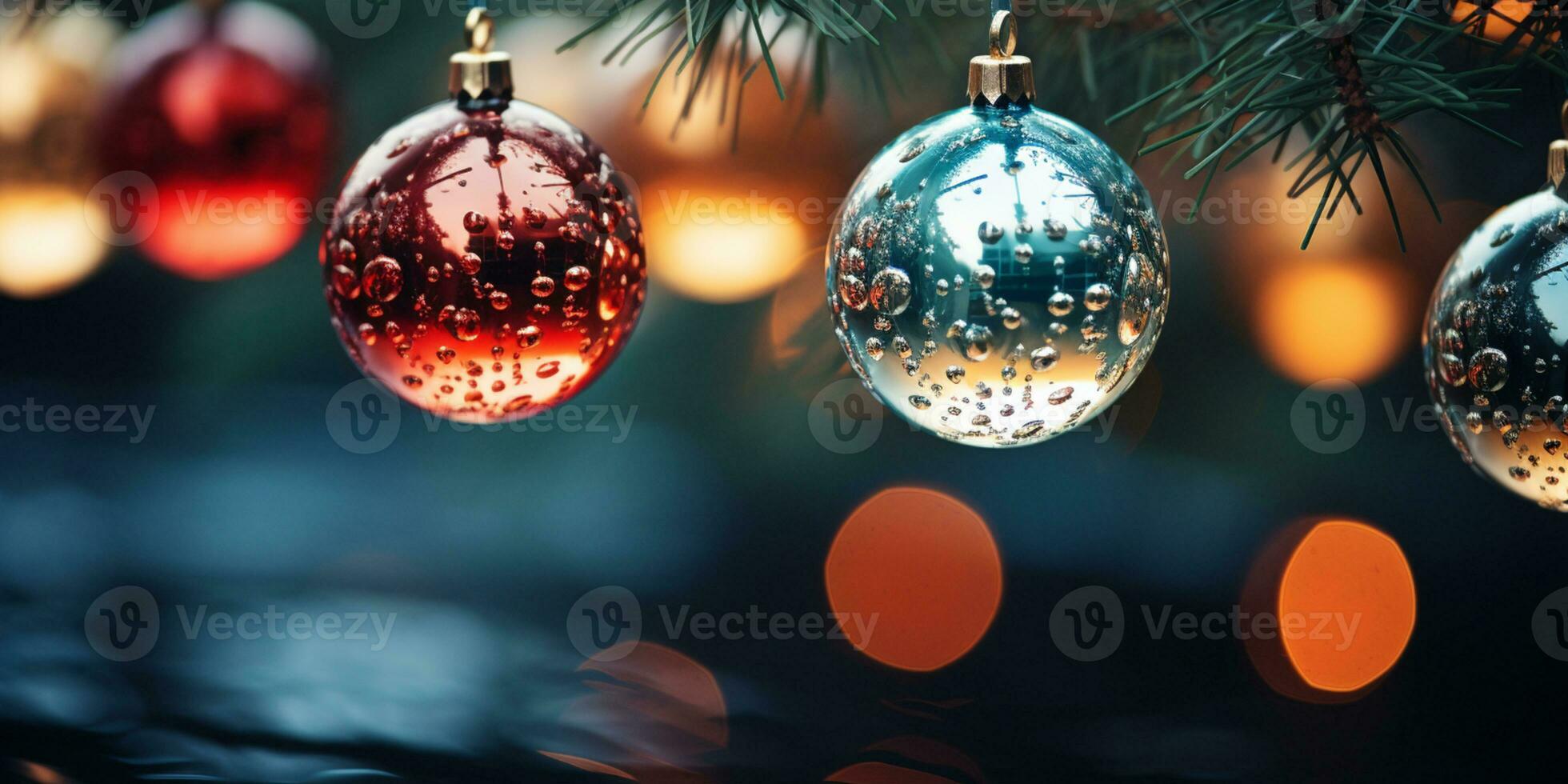 dichtbij omhoog van verlicht Kerstmis boom ornament, winter vakantie decoratie, kopiëren ruimte, groet kaart, ai generatief foto