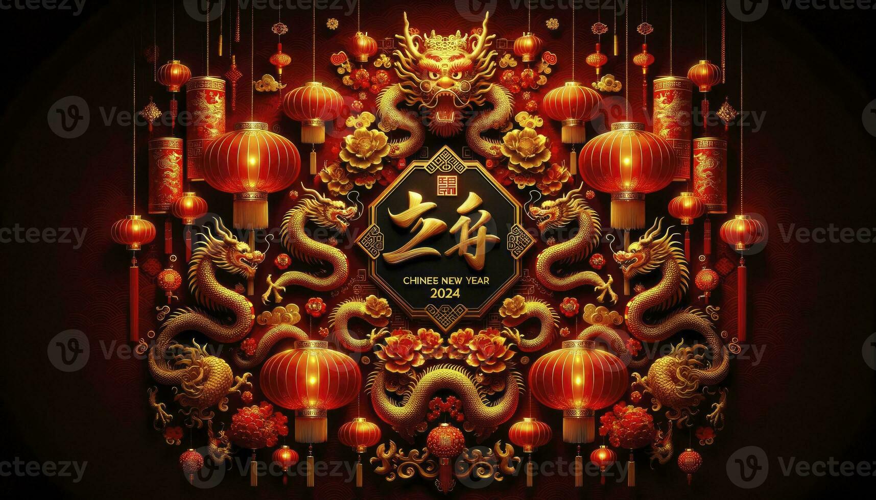 een stralend achtergrond met diep rood en goud tinten, overladen lantaarns, traditioneel motieven, en de woorden Chinese nieuw jaar 2024 in elegant goud kalligrafie. ai gegenereerd foto