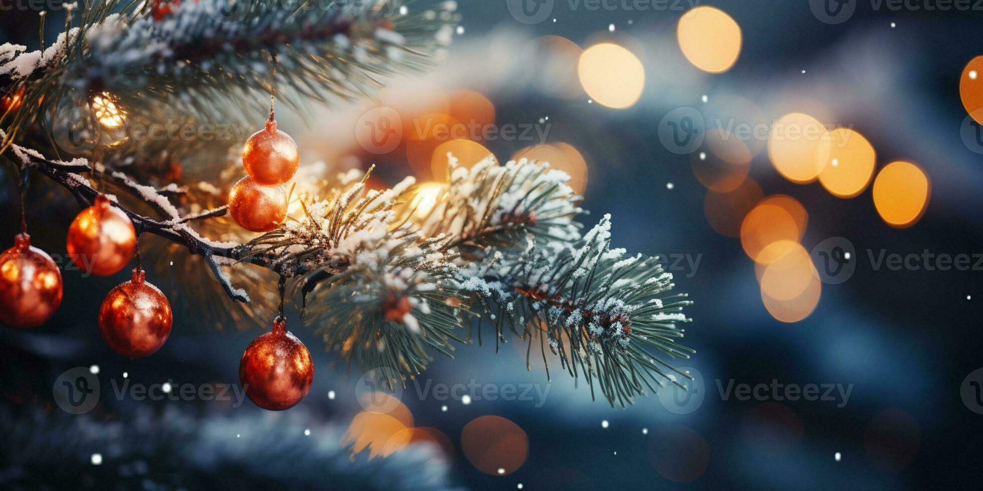 dichtbij omhoog van verlicht Kerstmis boom ornament, winter vakantie decoratie, kopiëren ruimte, groet kaart, ai generatief foto