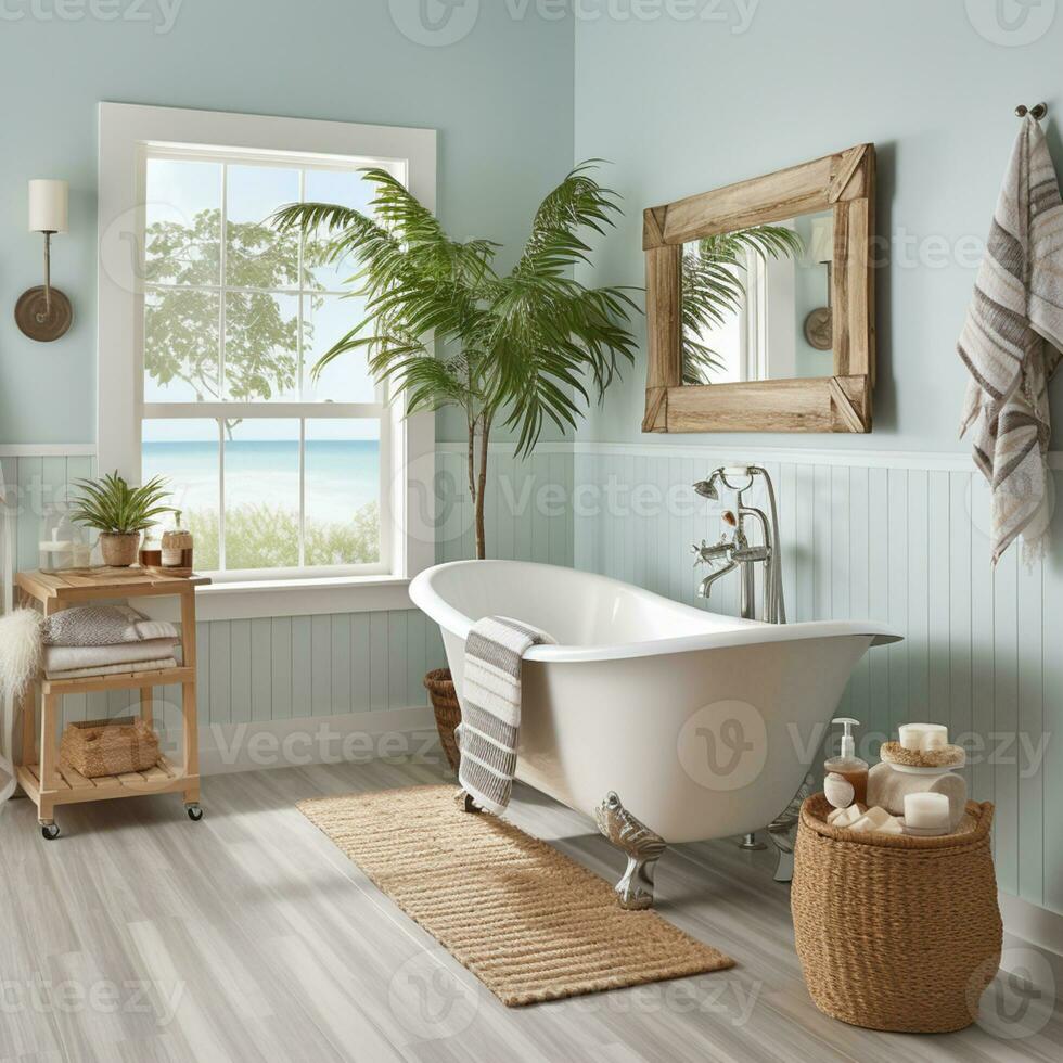 badkamer in blauw en wit kleur, geïnspireerd strand ontwerp, ai generatief foto