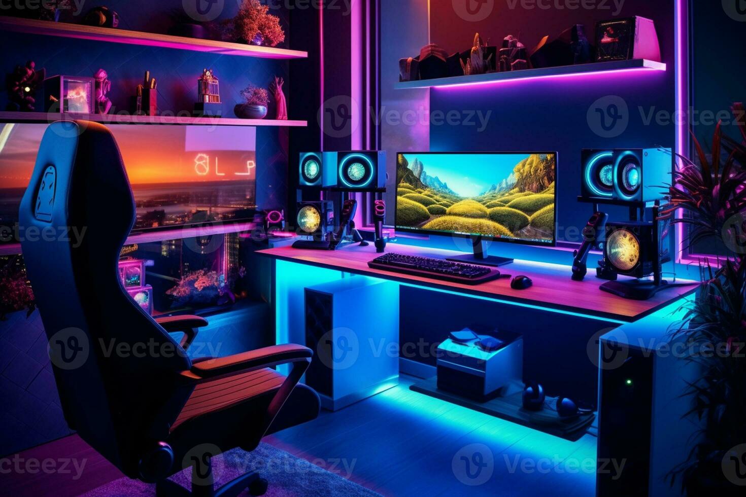 interieur van een modern gaming kamer met een veel van computer uitrusting neon lichten ai gegenereerd foto