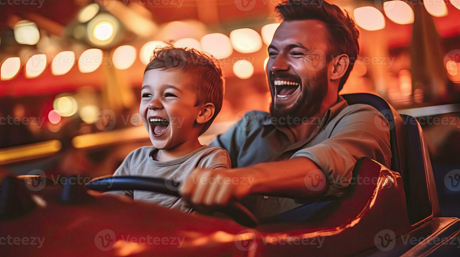 vrolijk vader en zoon en hebben pret terwijl het rijden een bumper auto in een amusement park. generatief ai foto