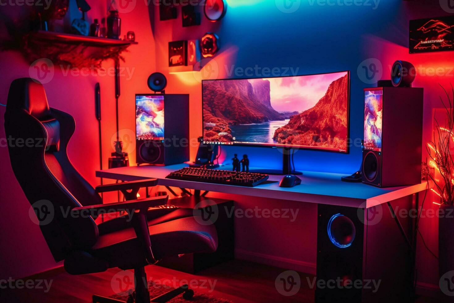 interieur van een modern gaming kamer met een veel van computer uitrusting neon lichten ai gegenereerd foto