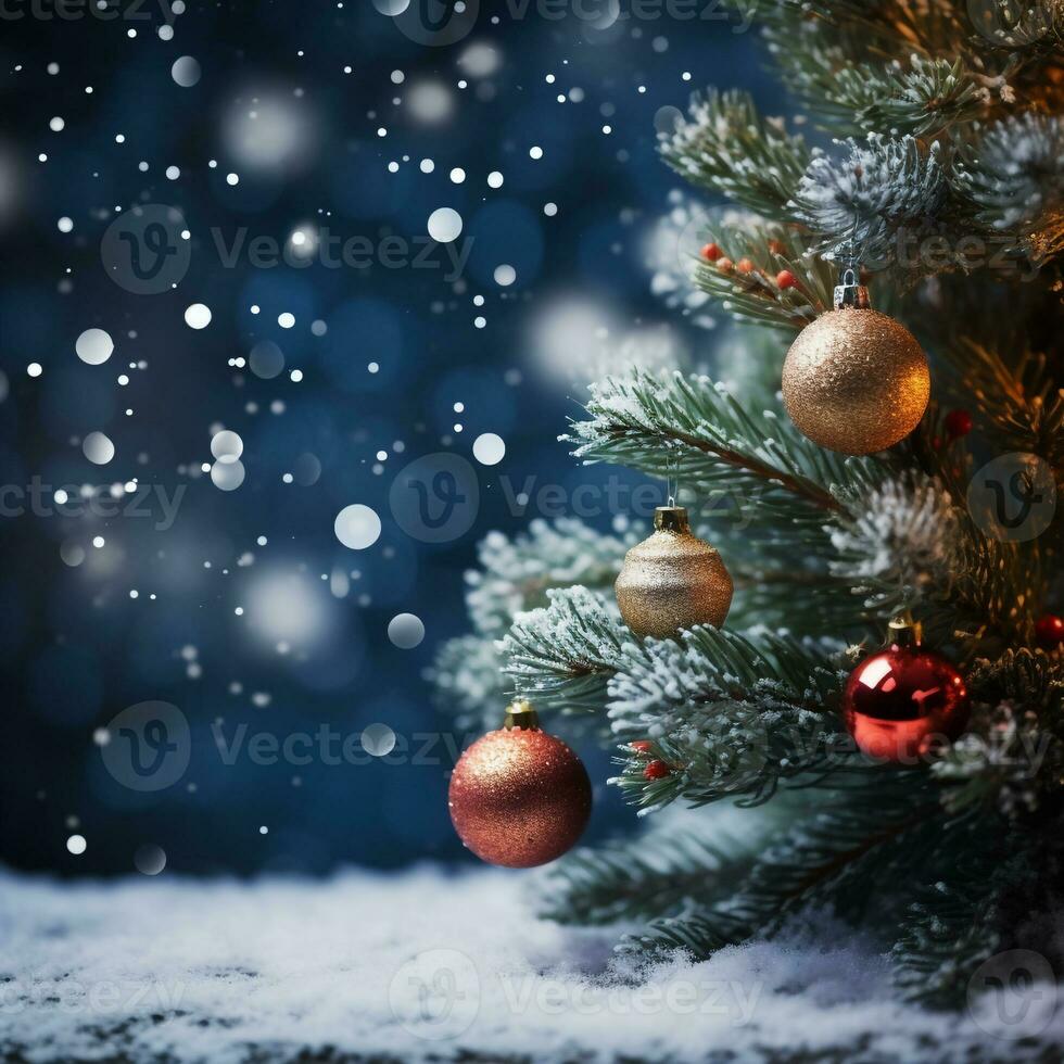 Kerstmis boom, ornamenten en onscherp achtergrond, ai gegenereerd foto