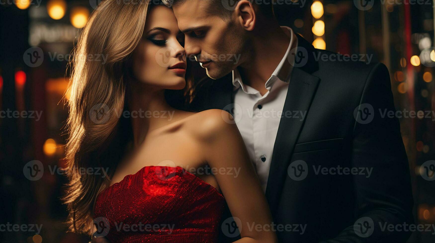 een verbijsterend Mens en vrouw in een rood jurk stakingen een zelfverzekerd houding temidden van stedelijk nachtleven, stad lichten. generatief ai foto
