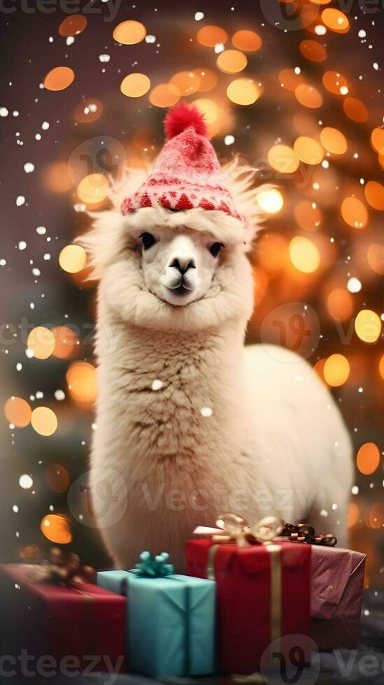 super schattig alpaca in de kerstman hoed met geschenk dozen. vrolijk Kerstmis groet concept. ai gegenereerd afbeelding. foto