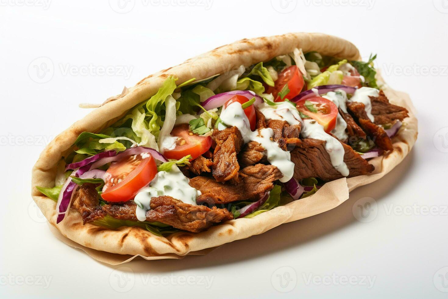 doner kebab Aan een houten bord geïsoleerd Aan wit achtergrond ai gegenereerd foto