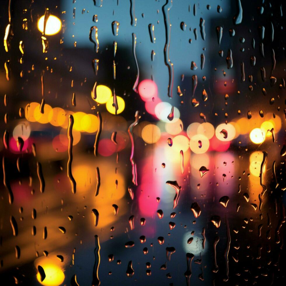 wazig stad lichten gezien door een venster met kleurrijk regendruppels voor sociaal media post grootte ai gegenereerd foto