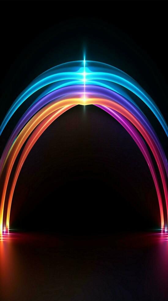 neon schittering vormen een kleurrijk halve cirkel Aan een zwart canvas verticaal mobiel behang ai gegenereerd foto