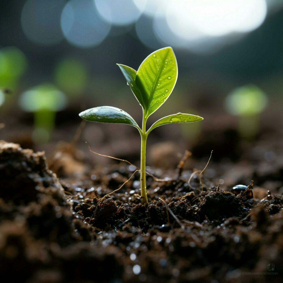 detailopname, bodem omarmt jong plant, aard belofte van groei en vitaliteit voor sociaal media post grootte ai gegenereerd foto