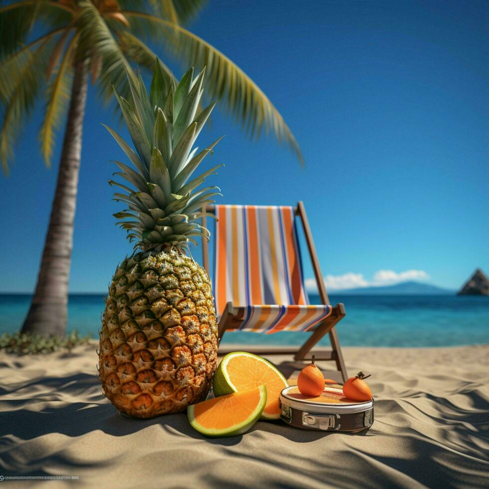 strand stoel met paraplu, handpalm boom, reddingsboei, kust, ananas, zonnebril, koffer zomer reizen concept voor sociaal media post grootte ai gegenereerd foto