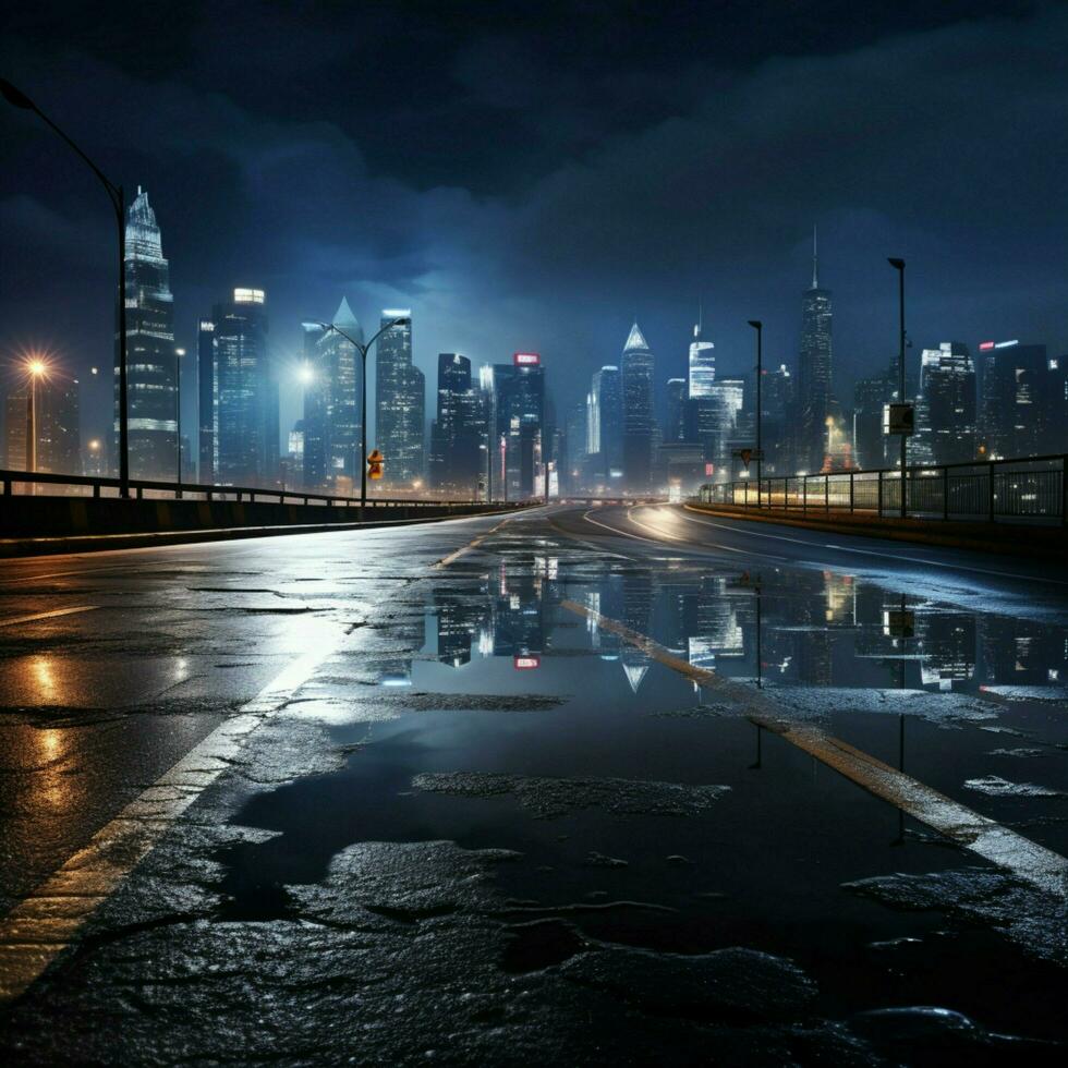 kant visie asfalt weg Aan nacht tafereel in de buurt de modern stad voor sociaal media post grootte ai gegenereerd foto