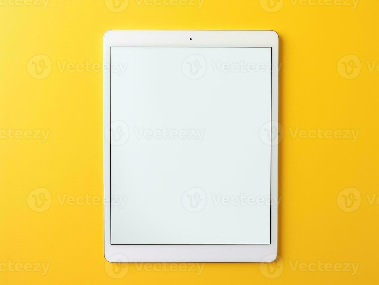 top visie van digitaal tablet scherm mockup Aan een geel achtergrond ai generatief foto