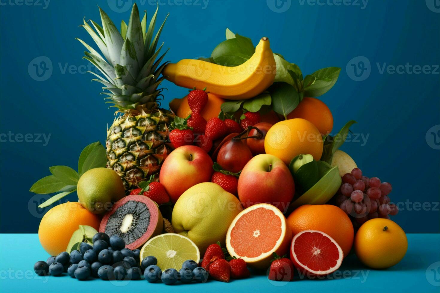 levendig tropisch fruit tentoongesteld Aan een rustgevend blauw achtergrond ai gegenereerd foto
