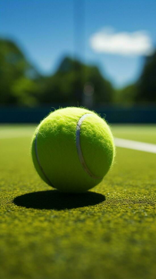 spel Aan de groen rechtbank met een levendig tennis bal verticaal mobiel behang ai gegenereerd foto