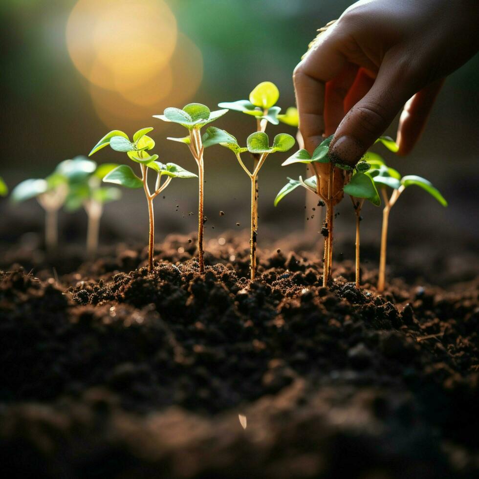 hand- gieten zwart bodem Aan groen bokeh achtergrond aanplant een klein fabriek Aan een stapel van bodem voor sociaal media post grootte ai gegenereerd foto