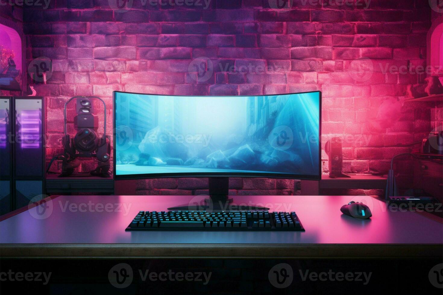 gamers genot een blanco scherm toezicht houden op in een neon lit modern interieur ai gegenereerd foto