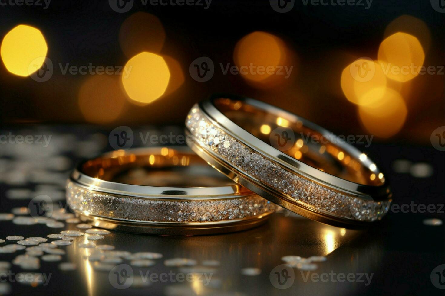 zilver en goud bruiloft ringen fonkeling Aan een glitterachtig backdrop ai gegenereerd foto