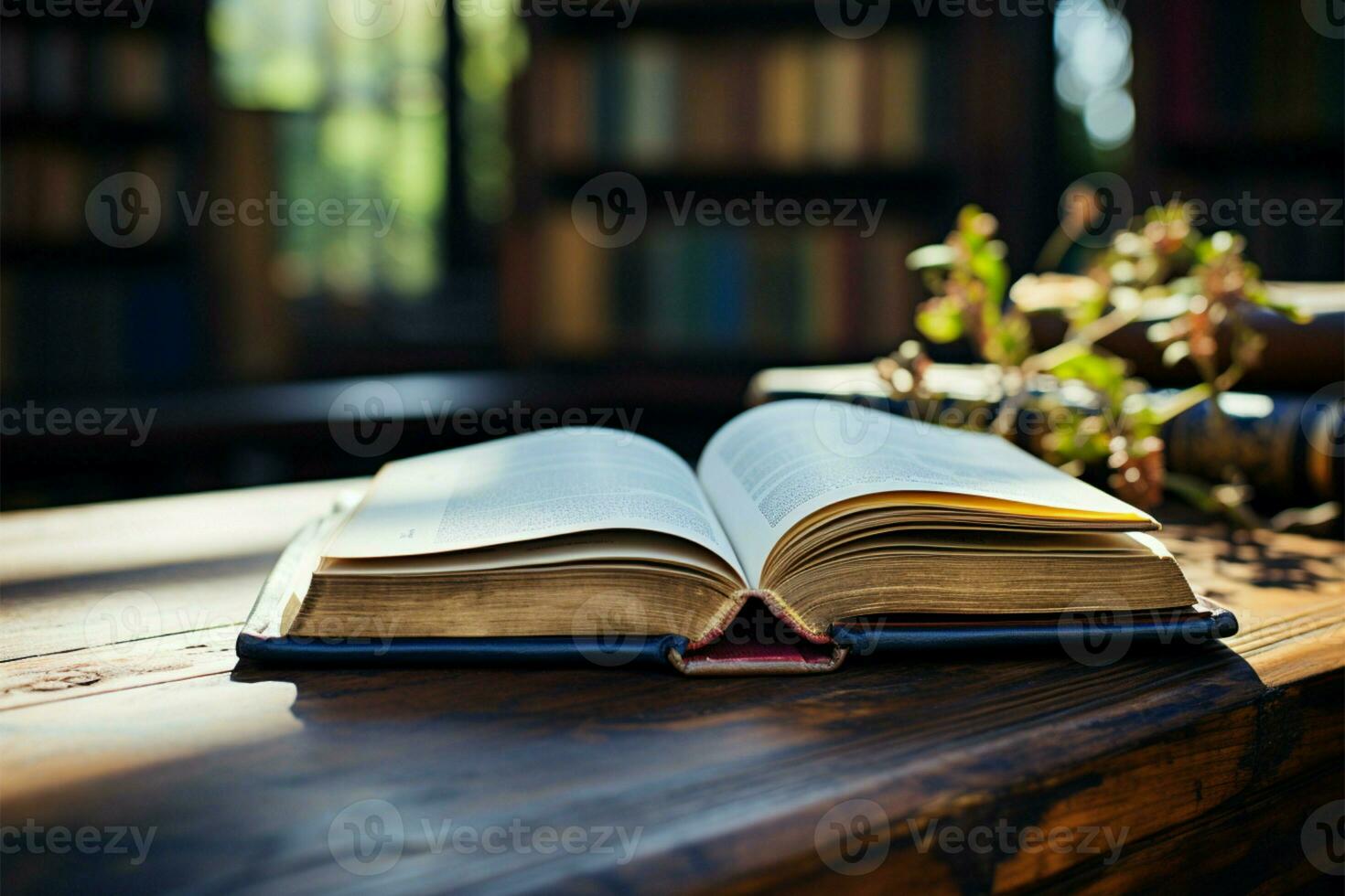 bibliotheken verleiden een Open boek boven een houten tafels oppervlakte ai gegenereerd foto