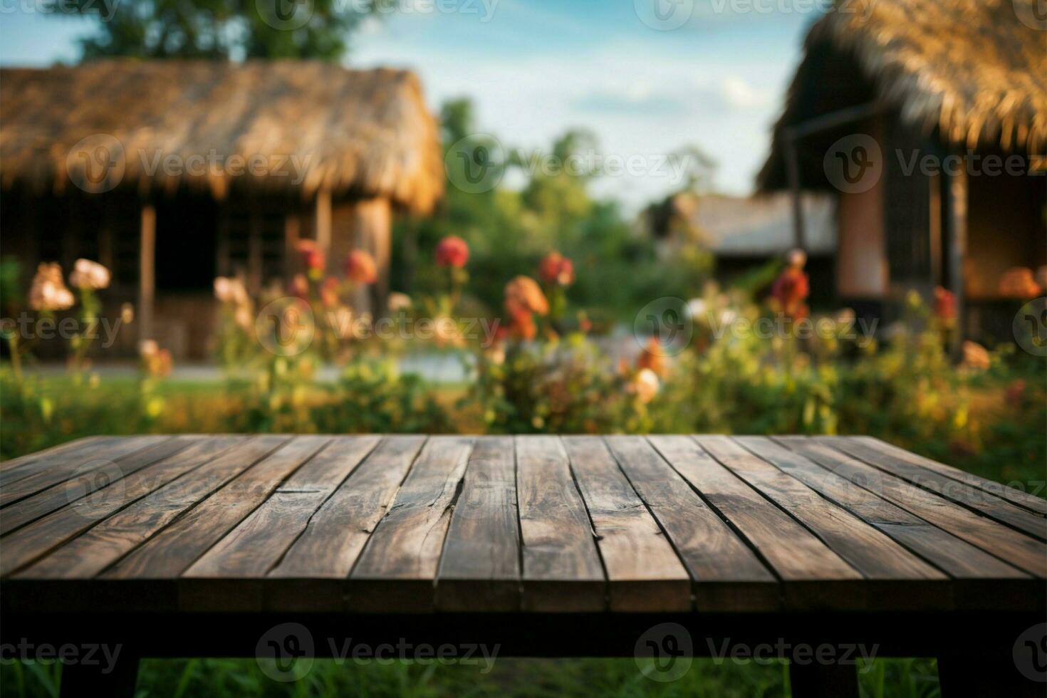 tuin visie een leeg houten tafel tegen een wazig huis en tuin ai gegenereerd foto