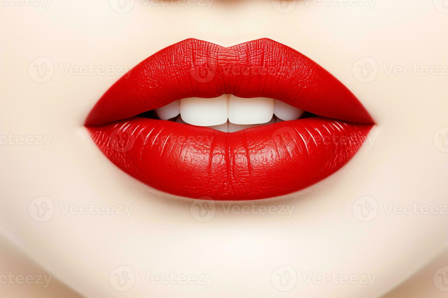 dichtbij omhoog schot van mooi vrouw lippen met rood lippenstift. schoonheid, mode. ai gegenereerd foto