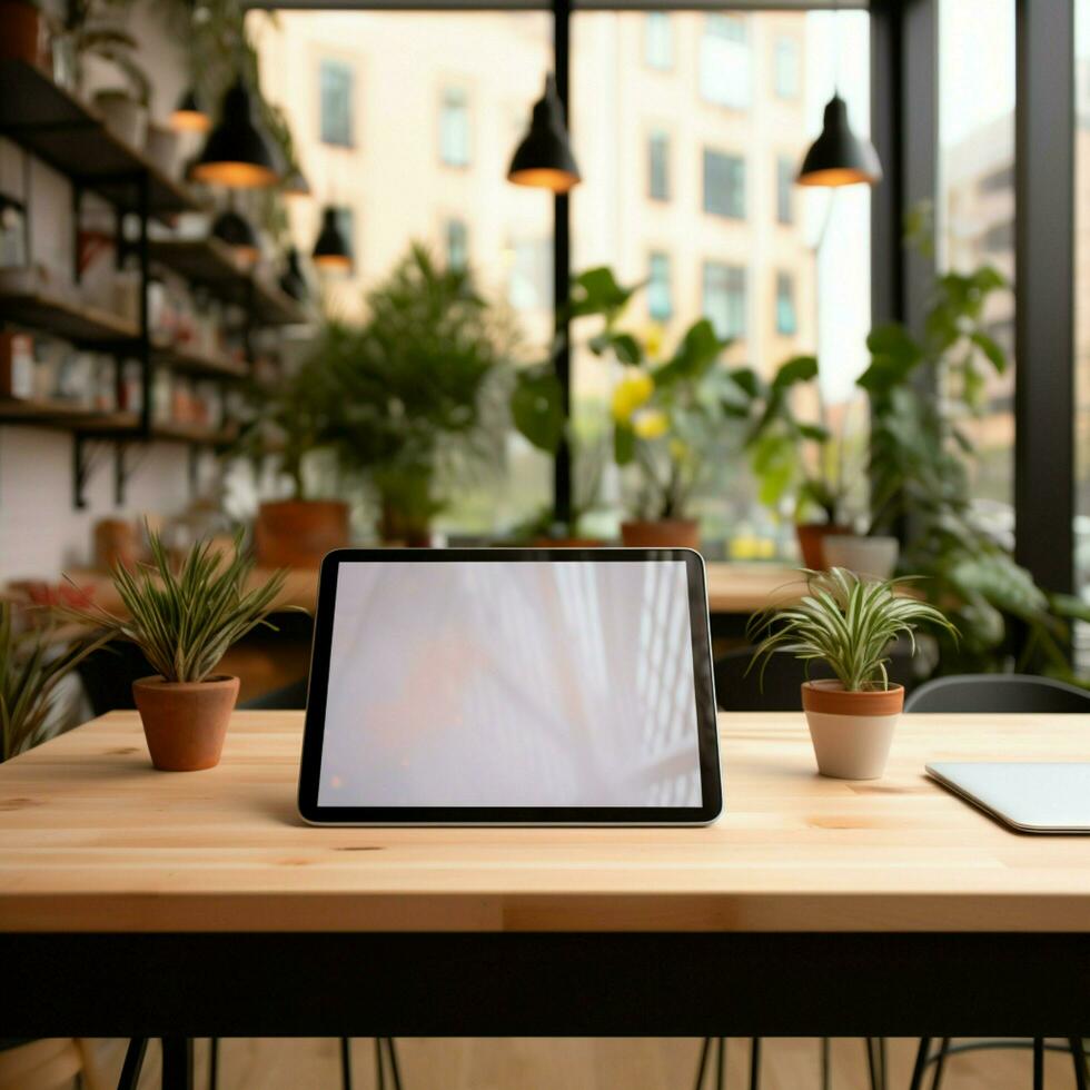 leeg ruimte Aan een tafelblad, tablet model, met wazig kantoor voor sociaal media post grootte ai gegenereerd foto