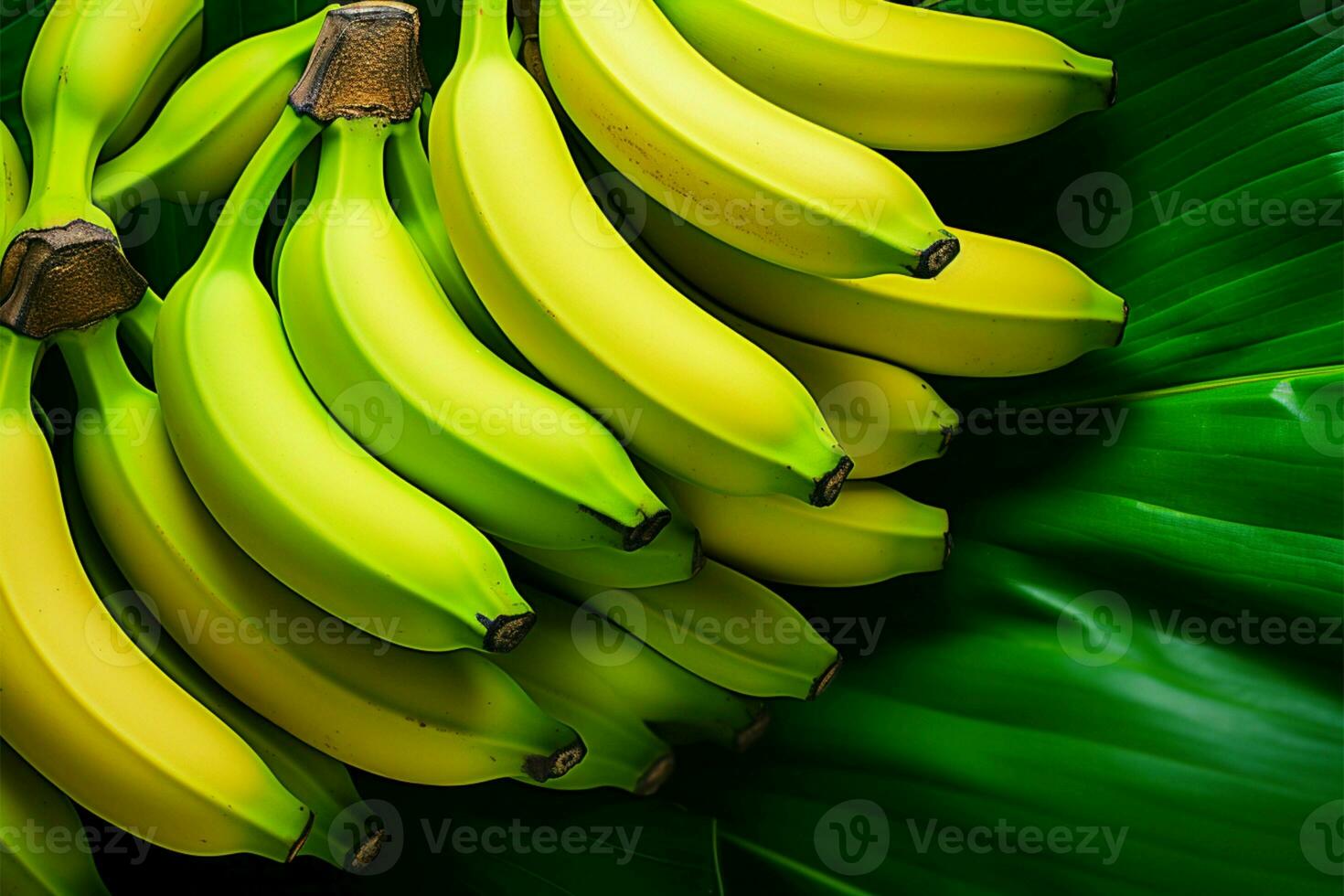 tropisch genot bananen Aan levendig groen banaan blad backdrop ai gegenereerd foto