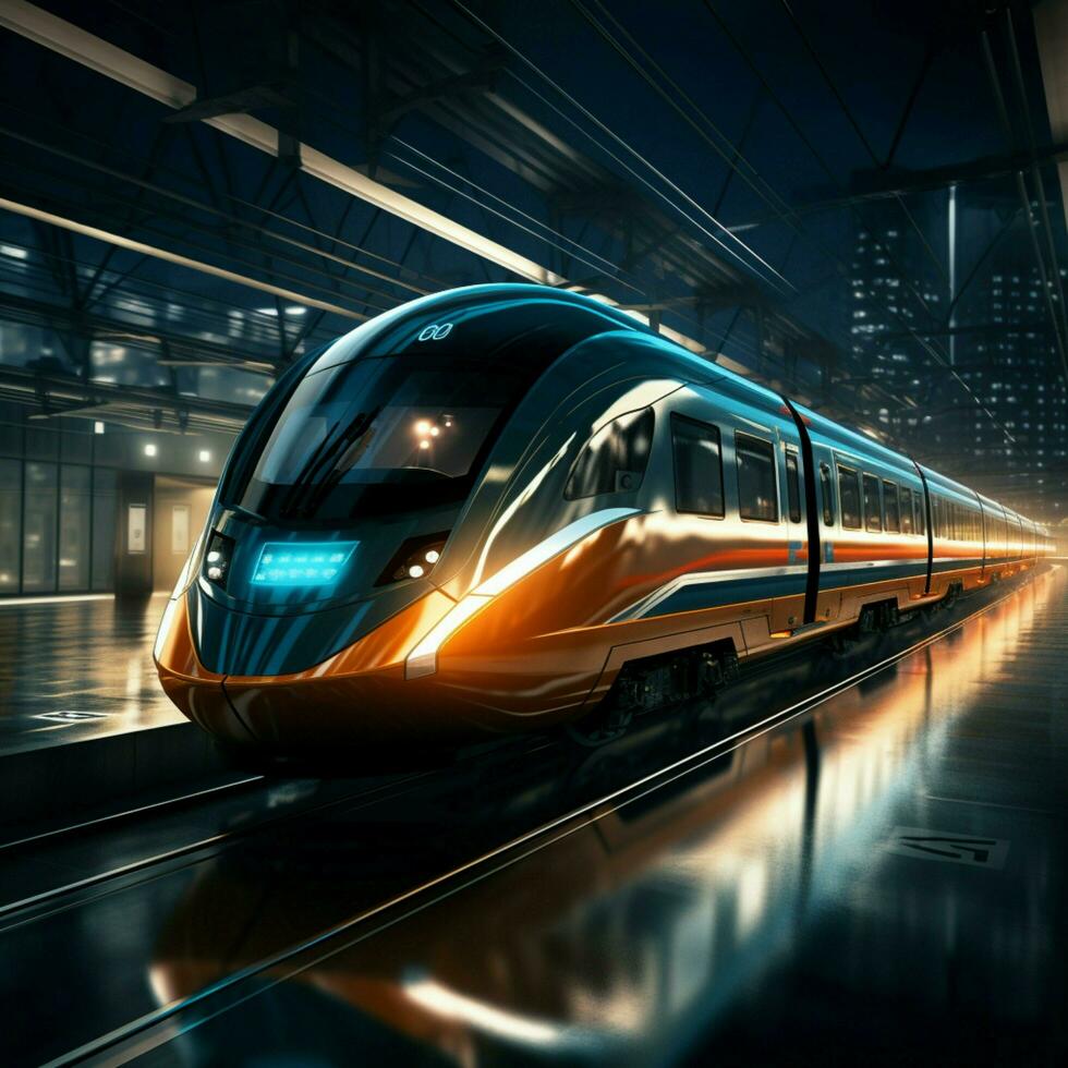snel trein vervaagt station backdrop hoog snelheid elegantie in snel doorvoer schouwspel voor sociaal media post grootte ai gegenereerd foto