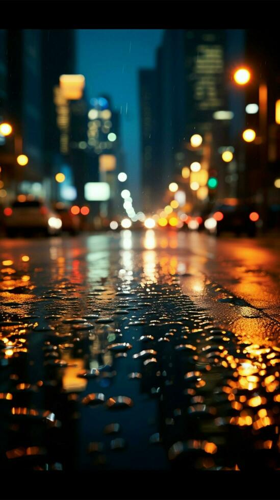 nachtelijk stadsgezicht door regen gespikkeld glas, achtergrond verzacht door vervagen verticaal mobiel behang ai gegenereerd foto