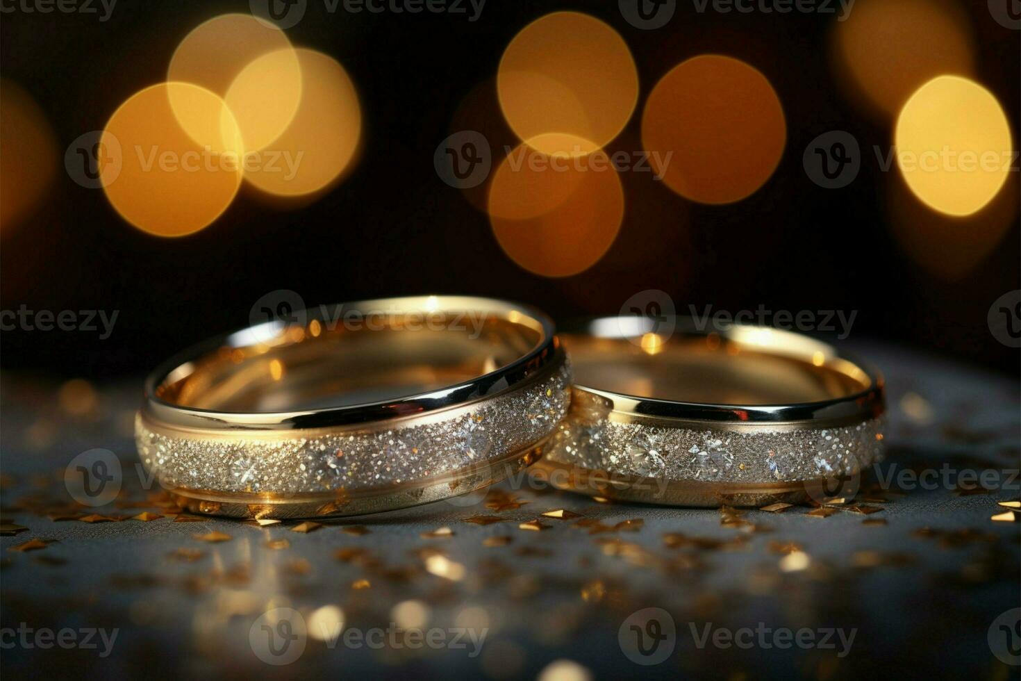 bruiloft ringen schijnen tegen een bokeh achtergrond, weggaan ruimte voor tekst ai gegenereerd foto