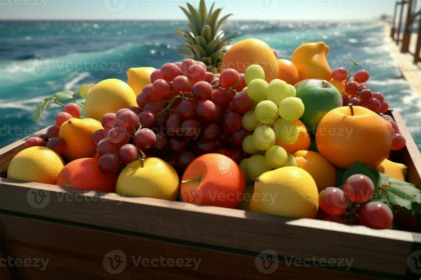 een mafra houder gevulde met fruit Aan een maritiem reis ai gegenereerd foto