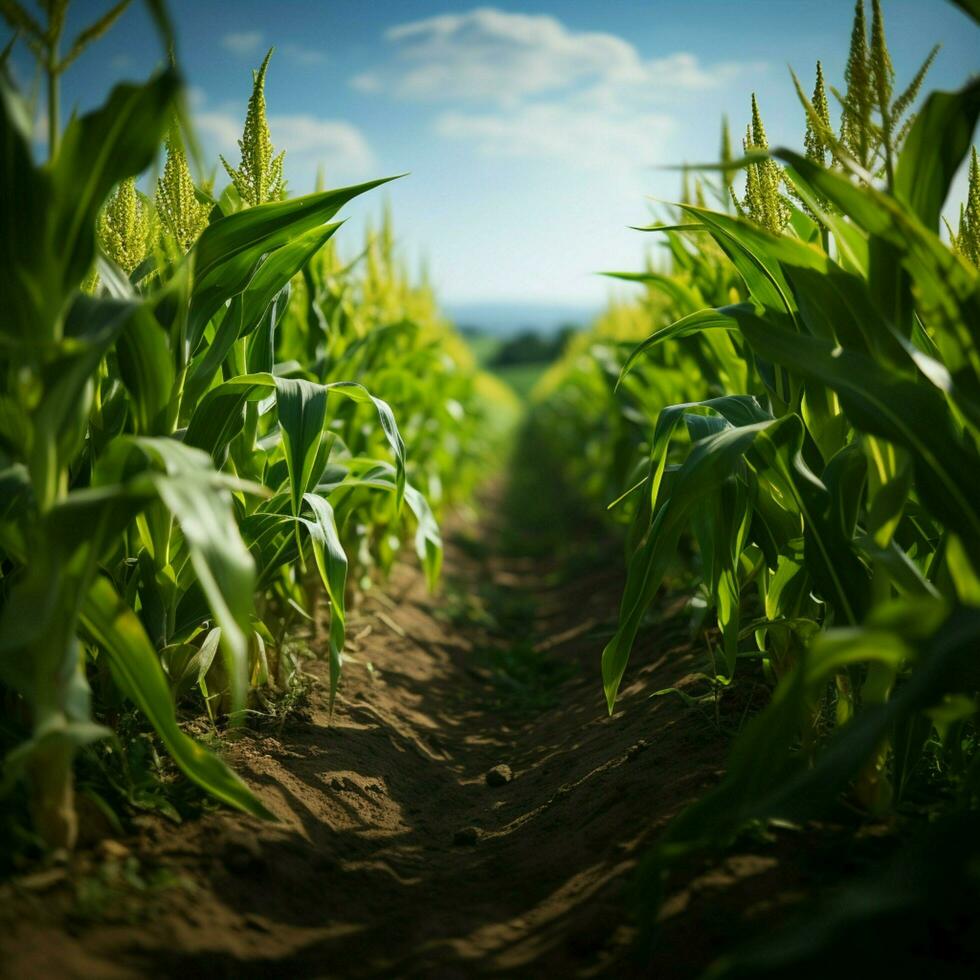 levendig maïs rijen sieren afgelegen agrarisch veld, een zee van groen spruiten voor sociaal media post grootte ai gegenereerd foto
