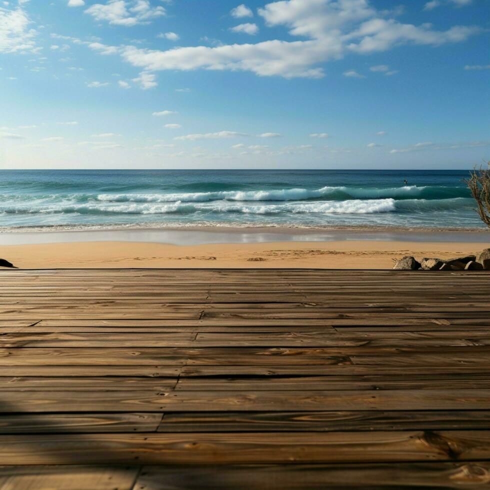 kustlijn stadium wazig strand vormen backdrop voor houten dekken veelzijdig Product wordt weergegeven voor sociaal media post grootte ai gegenereerd foto