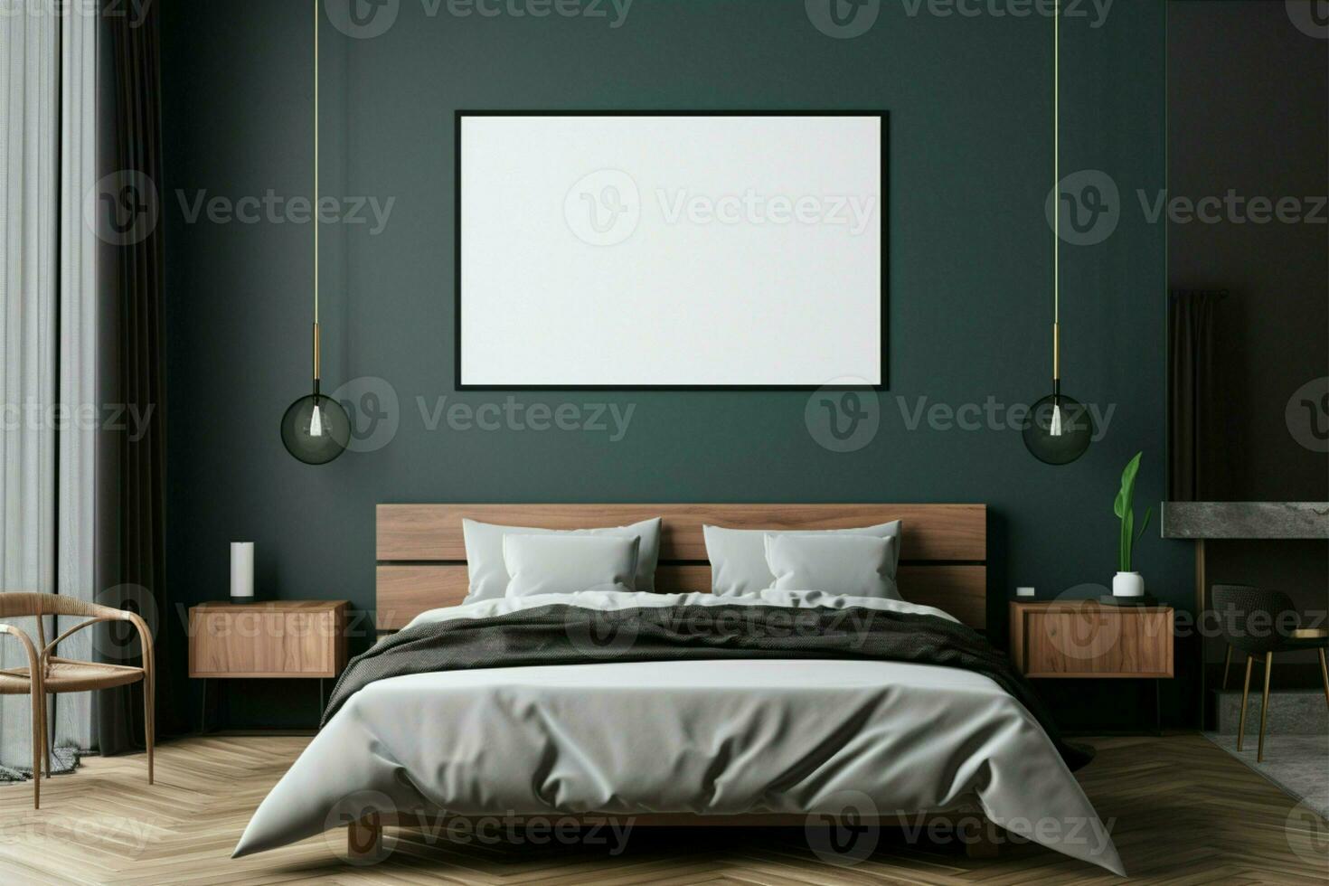 modern slaapkamer met een leeg afbeelding kader Aan een zwart muur ai gegenereerd foto