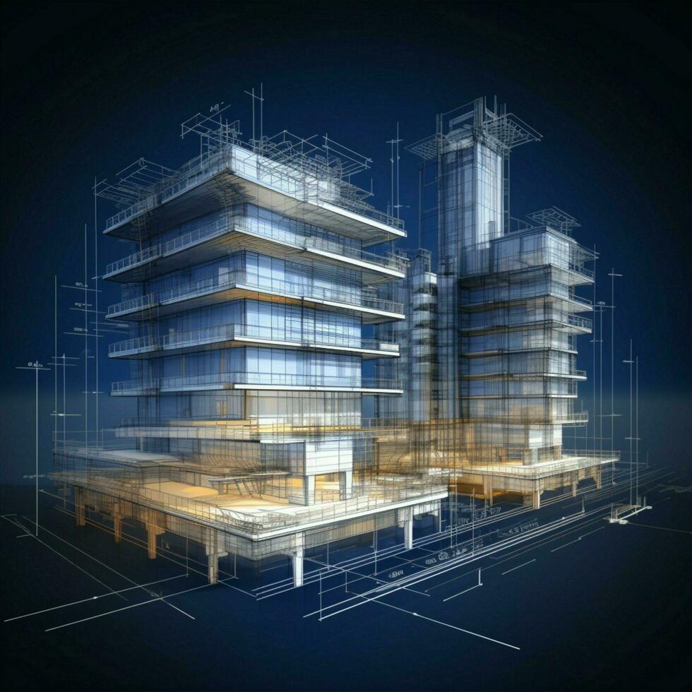structureel elegantie 3d wireframe bouw schetsen, gebouw blauwdruk, vector illustratie voor sociaal media post grootte ai gegenereerd foto