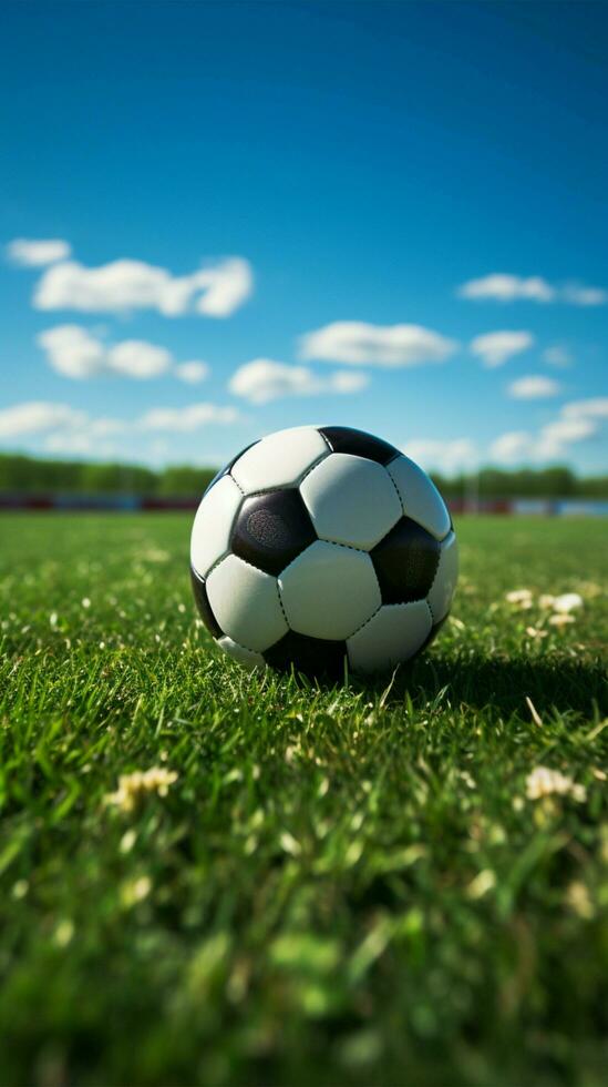 voetbal velden essence gevangen genomen met een prominent voetbal bal verticaal mobiel behang ai gegenereerd foto