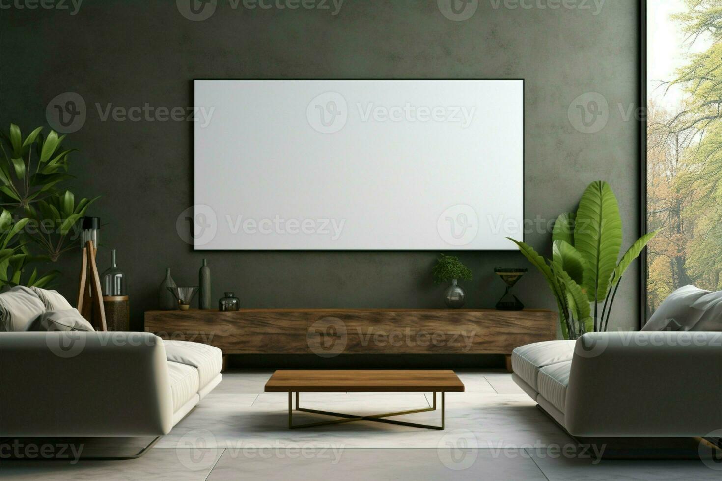 leeg TV scherm in modern interieur, in afwachting uw Op maat ontwerp ai gegenereerd foto