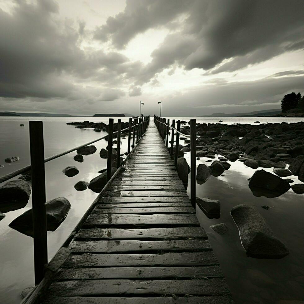 pier eenzaamheid, zwart en wit uitbeelding van een sereen visvangst steiger tafereel voor sociaal media post grootte ai gegenereerd foto