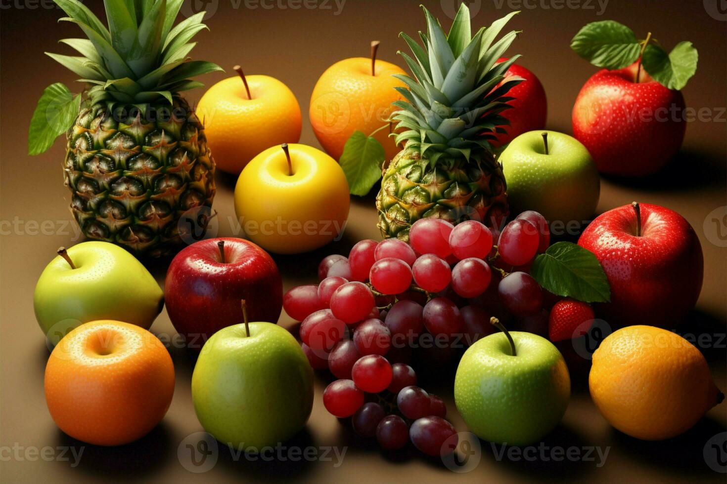 levendig 3d renderen met een verscheidenheid van watertanden fruit ai gegenereerd foto
