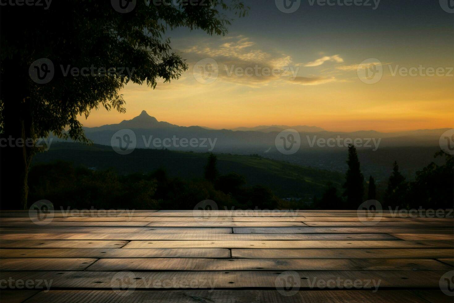 een pittoreske tafereel houten tafel met een zonsondergang, lucht, boom, bergen ai gegenereerd foto